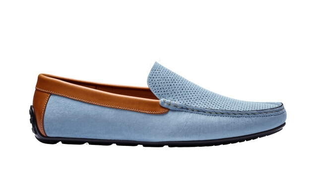 Isolated stylish men's light blue suede perforated loafer shoe with contrasting brown leather trim