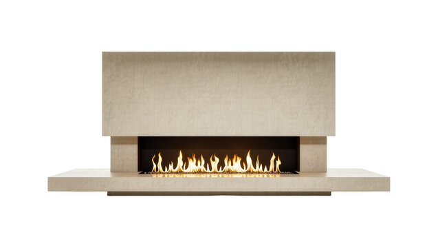 Isolated modern minimalist linear fireplace with vibrant realistic flames for home interior