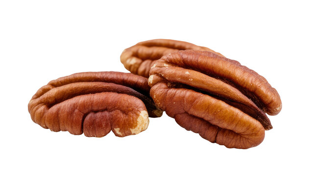 Isolated healthy organic shelled pecan halves, nutritious natural food ingredient for baking