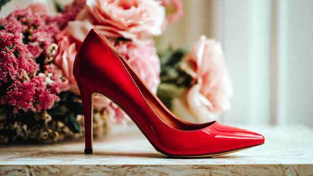 Escarpin rouge et fleurs