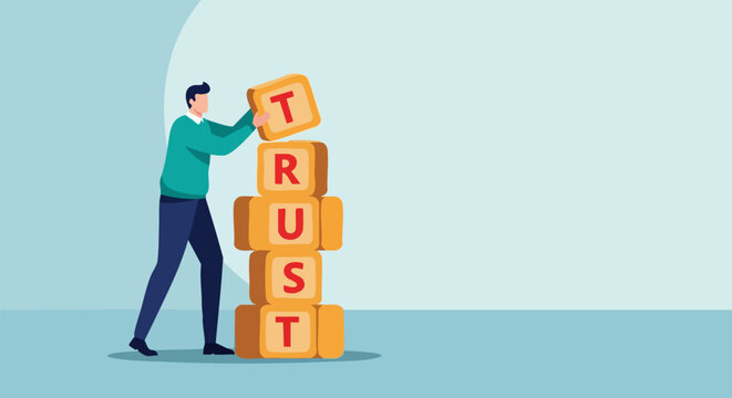 Businessman Stacking Wooden Blocks to Spell 'TRUST' Vector Illustration for Business Ethics, Reliability, and Customer Confidence Concepts