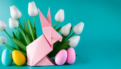 Close-up of pink origami bunny with pastel easter eggs on a pale turquoise background with white tulip flowers and copy space