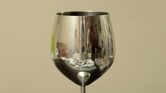 Polished silver goblet reflecting artist tools on neutral background