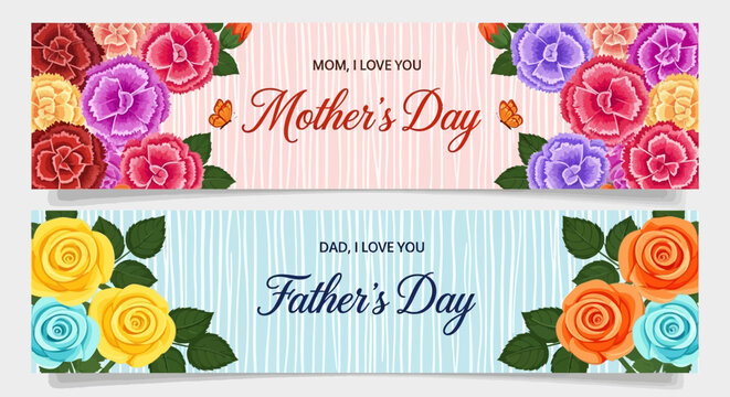 Mother's Day and Father's Day Floral Banners Set with Carnations and Roses
