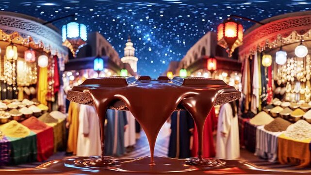 A vibrant marketplace at night with colorful lanterns and stalls selling various goods under a night sky
