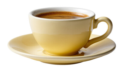 Fototapeta premium Isolated close up of a yellow ceramic coffee cup filled with hot espresso and saucer