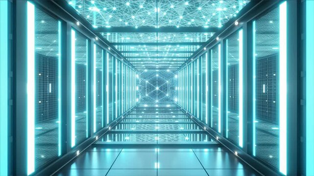 Futuristic corridor glowing blue light digital network technology tunnel modern architecture design interior perspective neon data connection