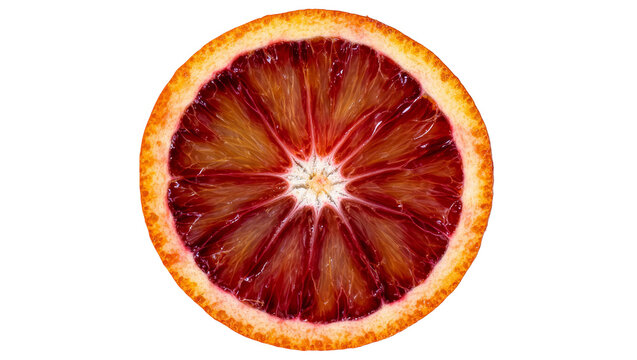 Isolated fresh blood orange slice showcasing vivid red and orange pulp, a healthy citrus fruit
