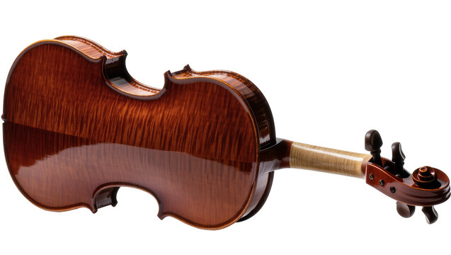 Isolated elegant vintage violin with rich brown wood grain and detailed scroll head