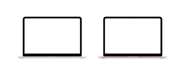 Silver and pink laptop mockup notebook screen with neo digital pc. Web white background and blank design display with front monitor vector. Computer laptop internet and isolated mockup mock. © viktoria_ngm
