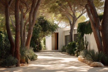 Obraz premium A beautifully landscaped pathway guides visitors towards a contemporary building, elegantly framed by lush trees and vibrant plants in the bright daylight