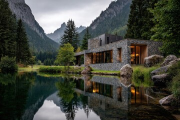 Obraz premium Nestled in a remote location, the house overlooks a tranquil lake that is bordered by majestic mountains and lush trees, all under a blanket of cloudy skies