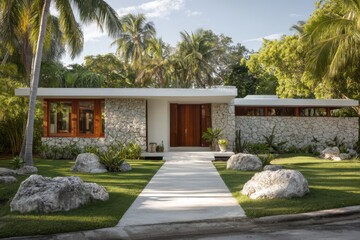 Obraz premium A contemporary house featuring elegant stone walls and a beautifully landscaped yard, set against a vibrant tropical backdrop on a sunny day