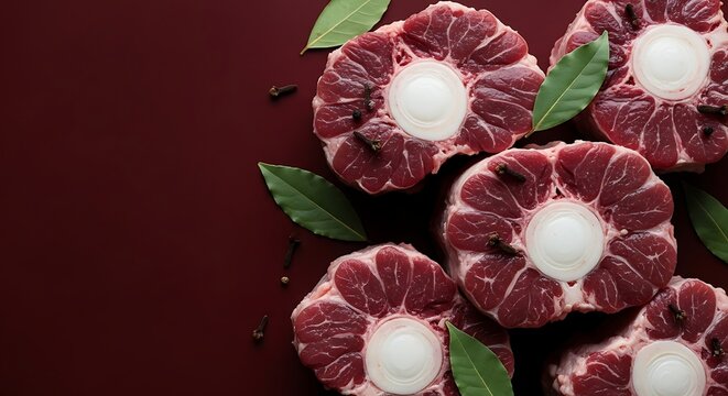 Close-up view of raw oxtail cuts arranged on a dark maroon surface with bay leaves.