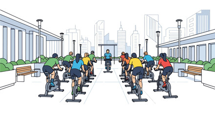 Obraz premium Outdoor Spin Class Group Cycling Exercise in Urban Cityscape Background