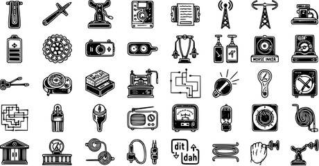 Black  White Vintage Technology and Communication Icons Collection. Hand-drawn Engraved Line Art Symbols for Electronics, Electrical Engineering, and Science © pixsource