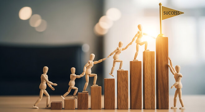 Advancing toward financial success and corporate expansion concept featuring wooden human figures climbing a rising bar chart staircase representing strategic progress and economic prosperity