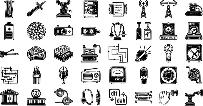 Black  White Vintage Technology and Communication Icons Collection. Hand-drawn Engraved Line Art Symbols for Electronics, Electrical Engineering, and Science