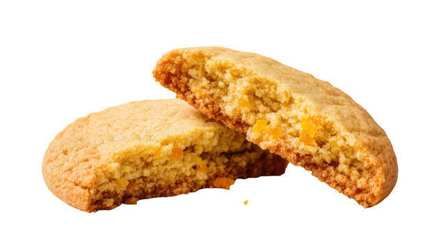 Isolated sweet orange flavored shortbread cookies broken in half, tasty baked dessert snack