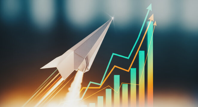 Paper airplane rocket taking off with rising financial growth charts