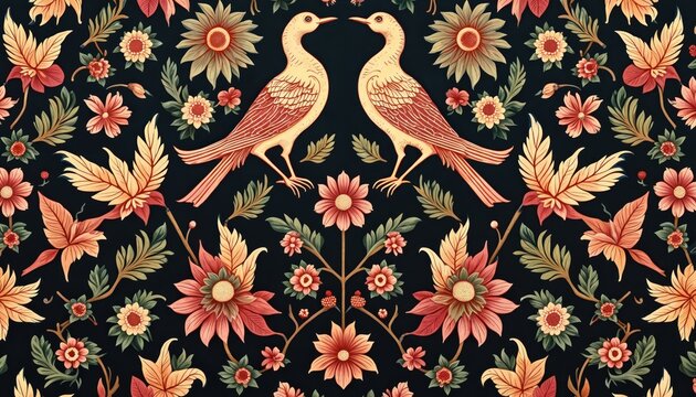 Ornate floral batik textile pattern features two birds amidst blooming flowers and leaves. Rich colors on dark background. Traditional Indonesian fabric design with intricate details for decor.