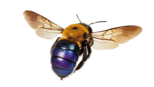 Isolated iridescent blue carpenter bee, furry yellow thorax and delicate transparent wings
