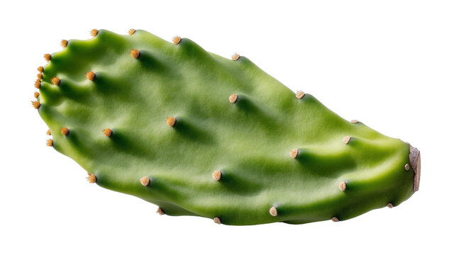 Isolated fresh green prickly pear cactus pad with glochids ready for propagation or planting.