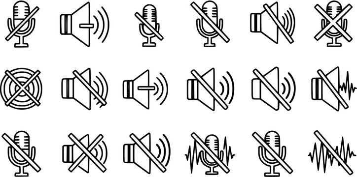 Technology and Communication Mute and Unmute Icons Set. Black and White Line Art Outline Microphones, Speakers, and Sound Symbols for Digital Interfaces.