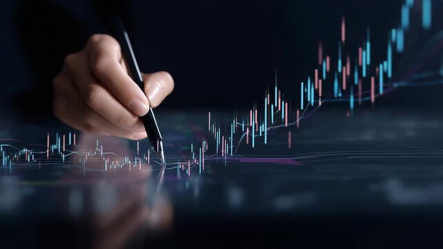 Business finance concept with hand using stylus and glowing trading chart interface Close business technology scene with a hand using a stylus over a digital trading interfac