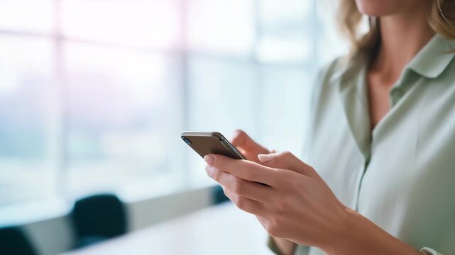 Woman using smartphone in office, mobile communication, business messaging, digital technology, app browsing, modern workplace, wireless connection, close up