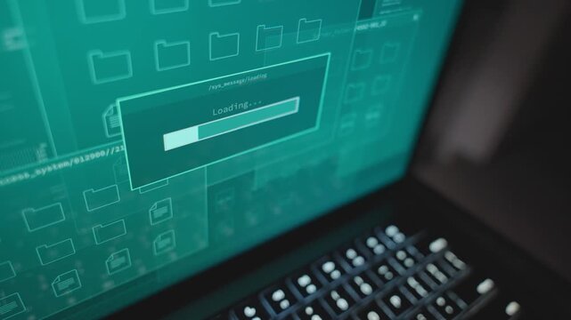 Computer screen hacking government system or loading data with progress bar. Laptop with confidential archive or server. Spy or hacker breaking into computer with virus malware. Sending exposing info