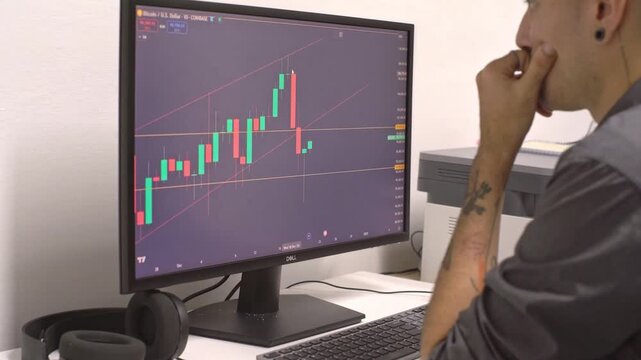 Young finance expert monitoring real-time cryptocurrency market data, experiencing mixed emotions of hope and concern