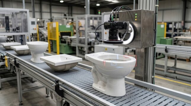 Close medium view of smart vision system reviewing sanitaryware items for cracks and flaws enhancing manufacturing efficiency with realtime defect classification.