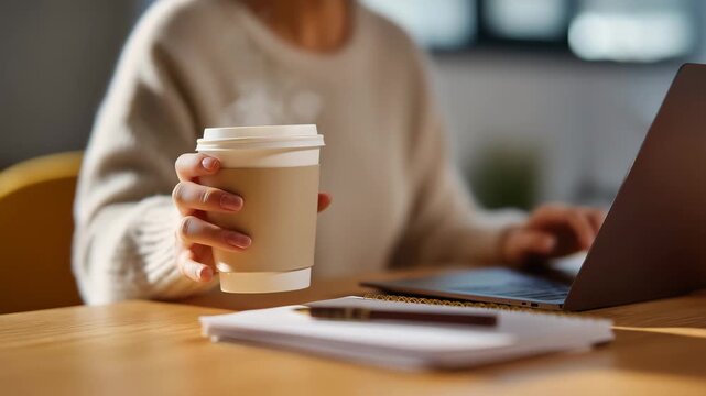 Woman working on laptop with takeaway coffee, remote work, home office, freelance lifestyle, productivity, digital workspace, online business, close up