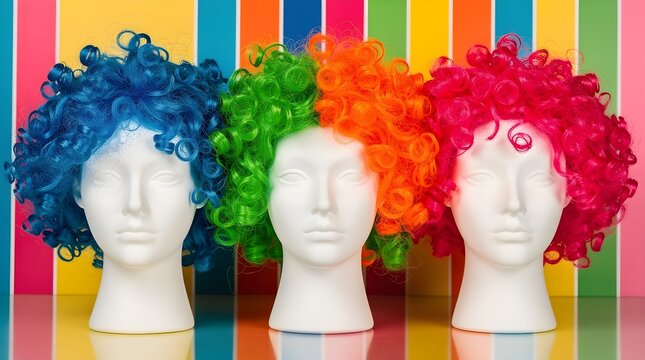 Colorful curly wigs displayed on white mannequin heads against a bright striped background in a playful setting