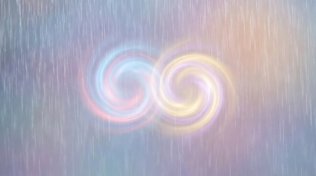Abstract twin glowing spiral symbols in soft rain with a pastel dreamy background