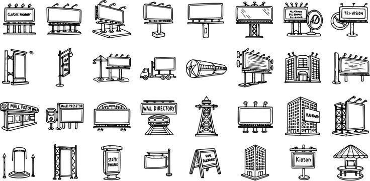 Black and White Line Art Icons of Various Billboards and Advertising Structures