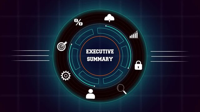 Professional executive summary and business report with hud animation featuring digital interface icons for corporate data