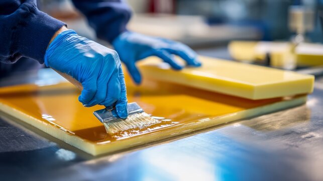 An industrial adhesive technician applying bonding compound between composite materials.