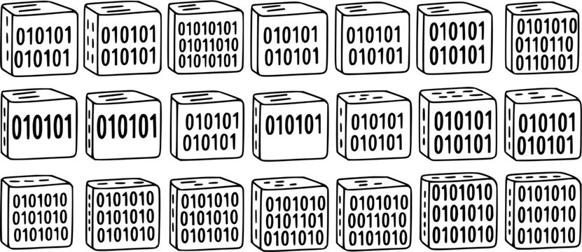 Black and White Line Art Cubes with Binary Code Data, Technology and Computer Science Concept