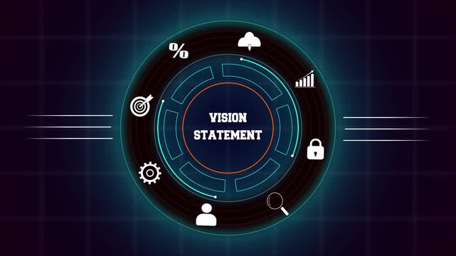 Professional vision statement and future planning with hud animation featuring digital interface icons for corporate leadership