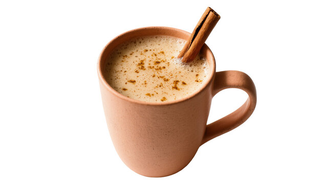 Isolated delicious creamy chai latte with a cinnamon stick and sprinkled spices in a ceramic mug
