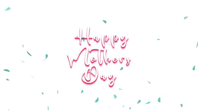 Happy Mother's Day text in decorative pink font on a white background with scattered blue petals, celebrating mothers.