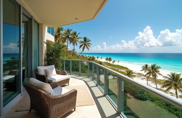 Fototapeta premium Modern balcony with wicker chairs overlooks tropical beach and turquoise sea. Palm trees line white sand shore. Sunny day with blue sky and clouds.