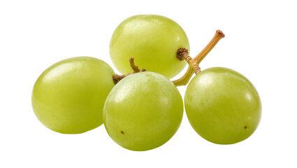 Isolated five fresh vibrant green grapes with small stem, healthy sweet fruit snack