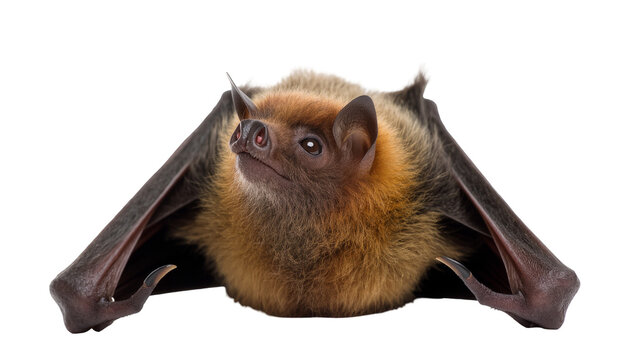 Isolated adorable furry fruit bat looking up with wings spread, wild animal portrait.