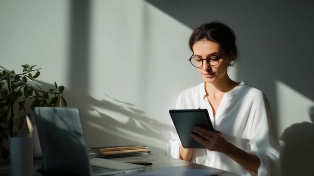 Woman using tablet in home office, digital reading, remote work, mobile technology, online learning, modern lifestyle, natural light, focused workspace