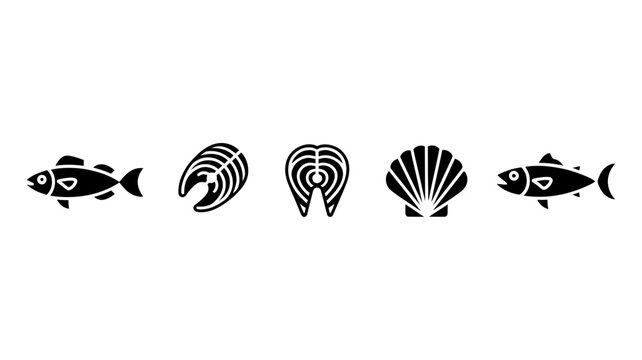A horizontal row of five outlined seafood icons including fish, salmon steaks, and a scallop shell.