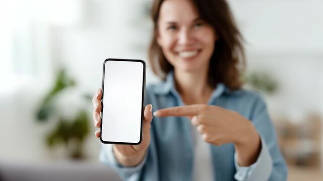 Smiling woman showing smartphone with blank screen, mobile app mockup, digital device presentation, copy space, online service, modern technology