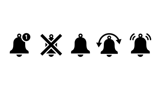 A collection of five solid black bell icons representing different notification and alert system states.